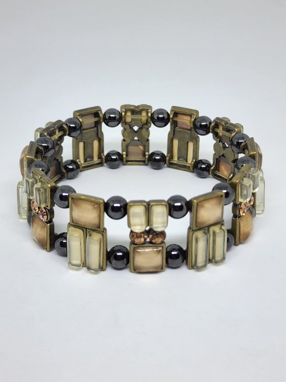Hematite Bead Pink Cream Cluster Amber Rhinestone Antique Brass Stretch Bracelet